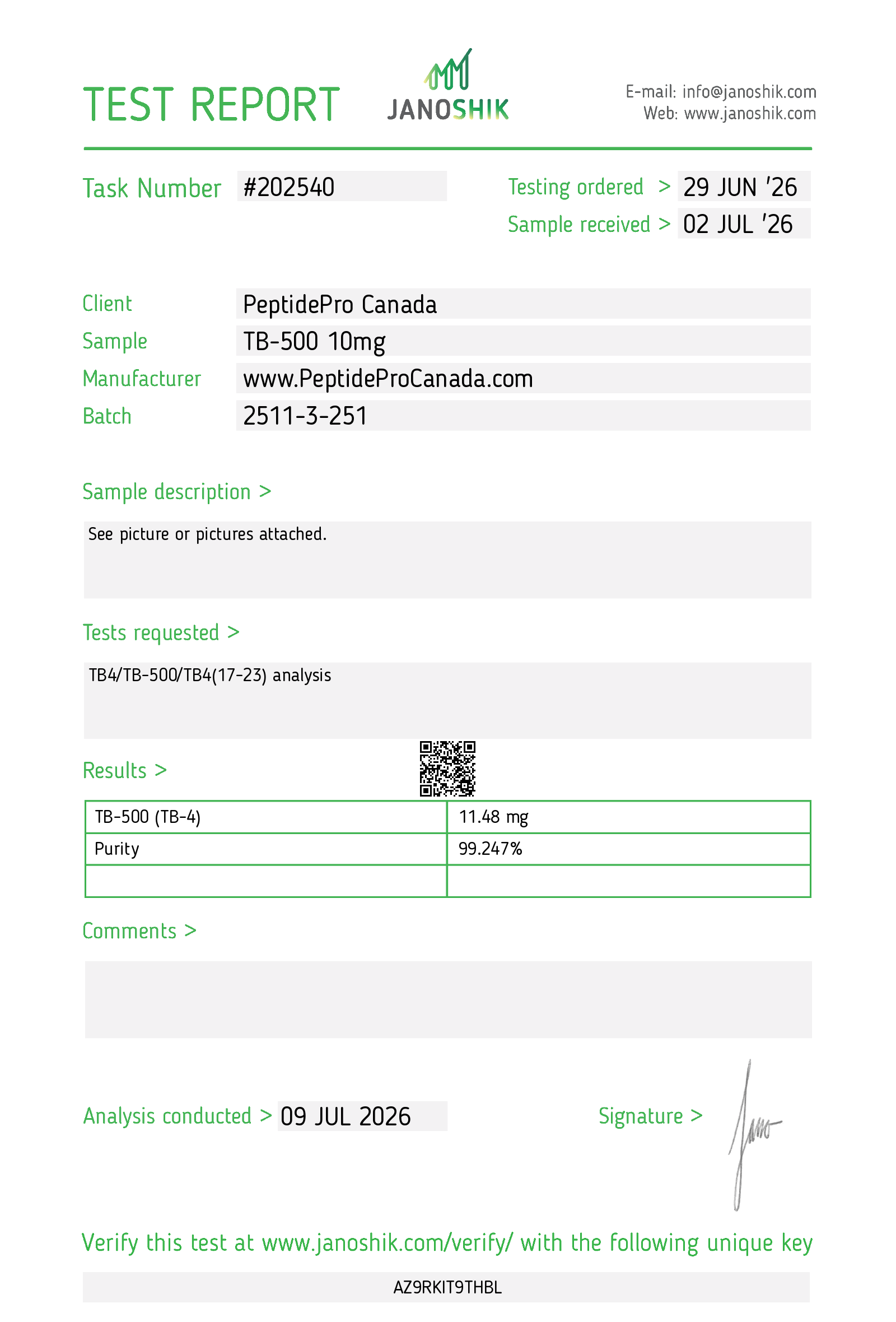 TB-500 Canada 10mg certificate of analysis