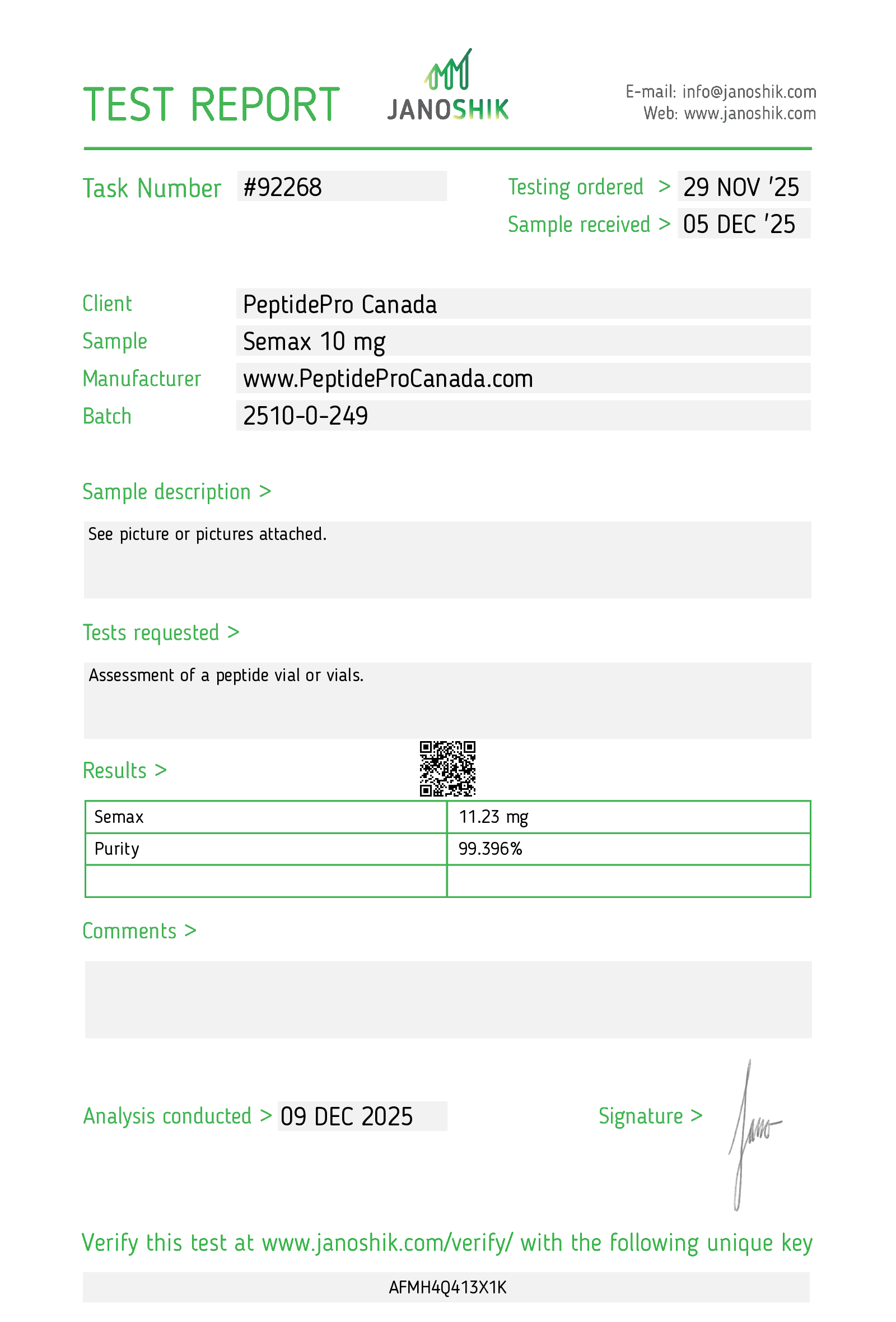 Certificate of Analysis for Semax Canada 10mg from PeptideProCanada