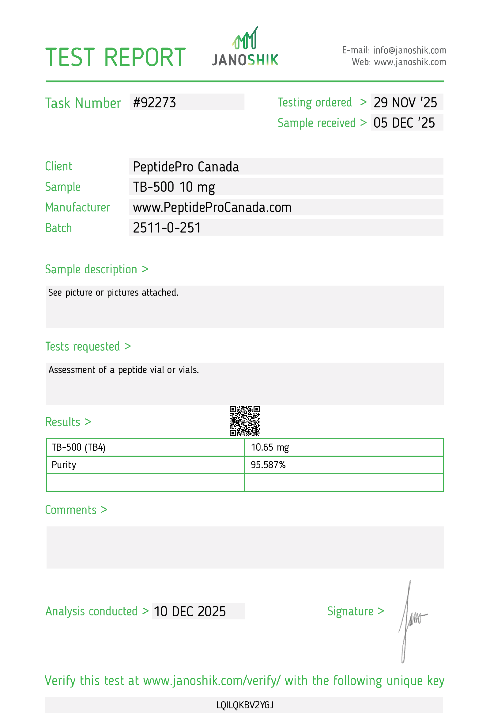 Certificate of Analysis for TB-500 Canada 10mg from PeptideProCanada