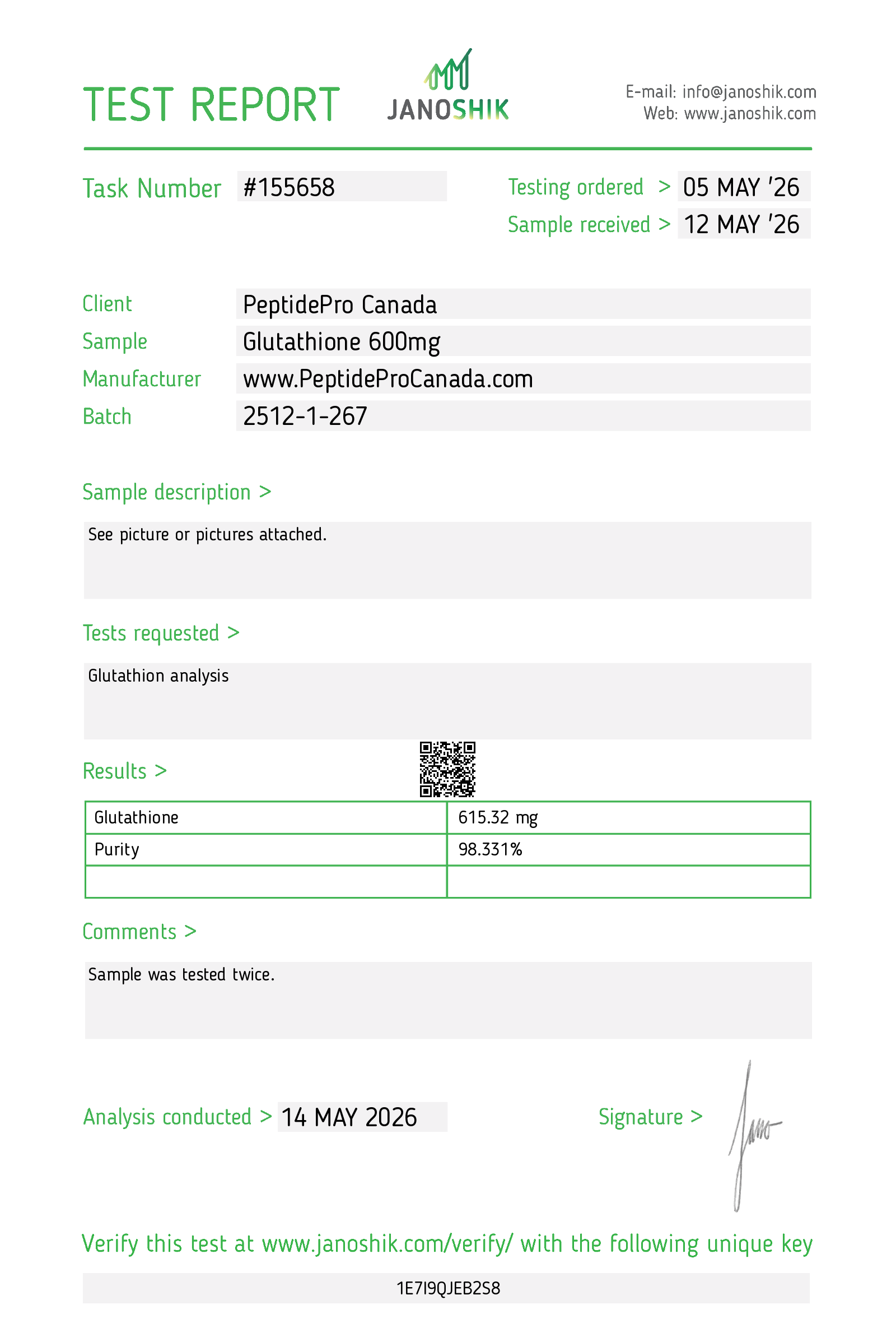 Glutathione Canada 600mg COA