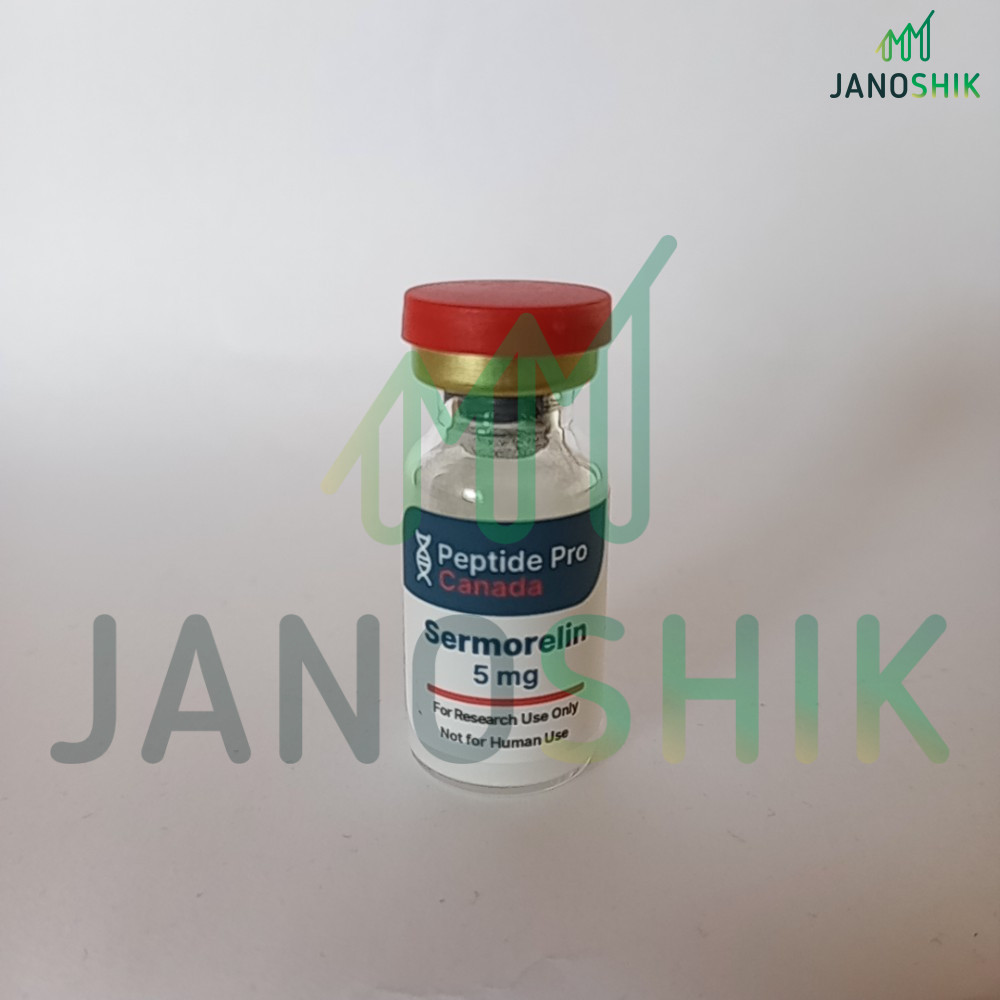 Janoshik sample photograph of the Peptide Pro Canada Sermorelin 5 mg research vial with red cap and gold crimp