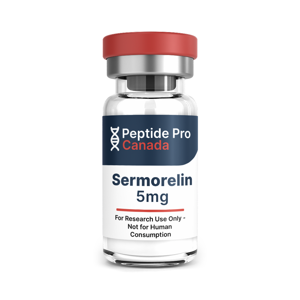 Peptide Pro Canada Sermorelin 5 mg vial with research-use-only label and red cap